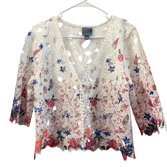 Rabbit Rabbit Designs Lace Floral Embroidered Button Cardigan Top Women's L - Picture 1 of 7